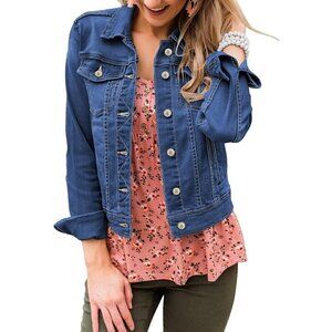 Women's Blue Basic Long Sleeves Button Down Fitted Denim Jean Jacket
